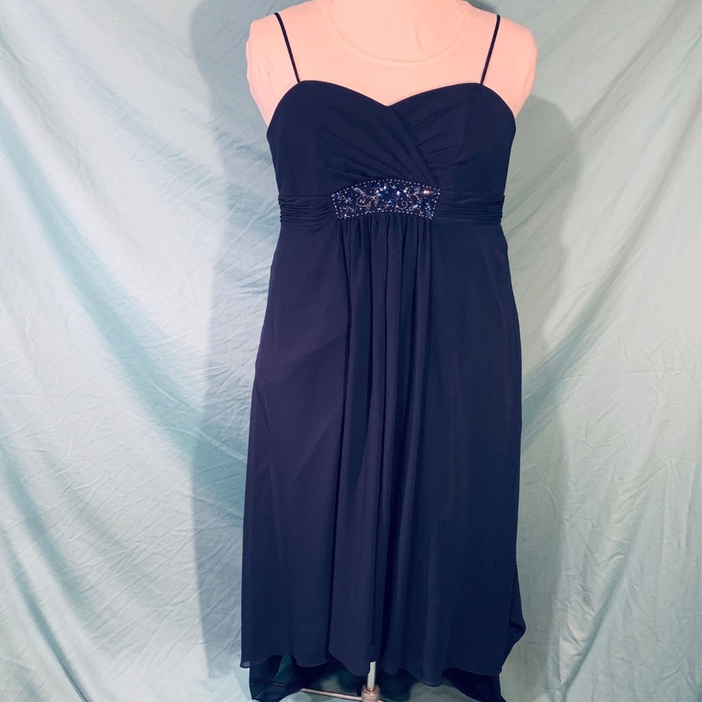 David's Bridal Navy Chiffon hi-lo empire waist 18